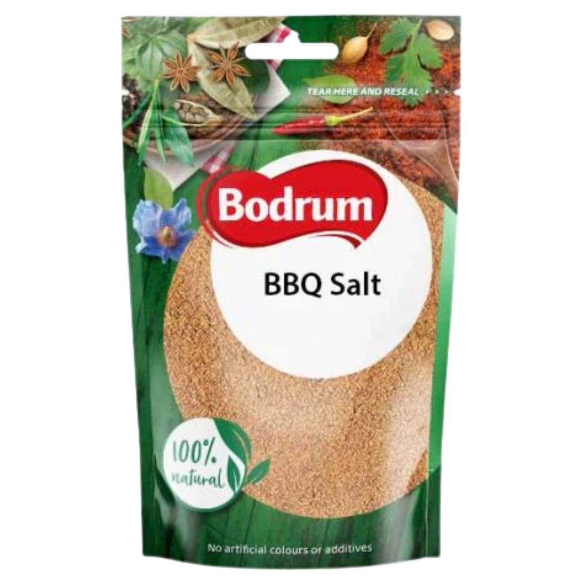 A 150g pack of Bodrum BBQ Salt with a resealable top, labeled "100% natural" and "No artificial colours or additives".