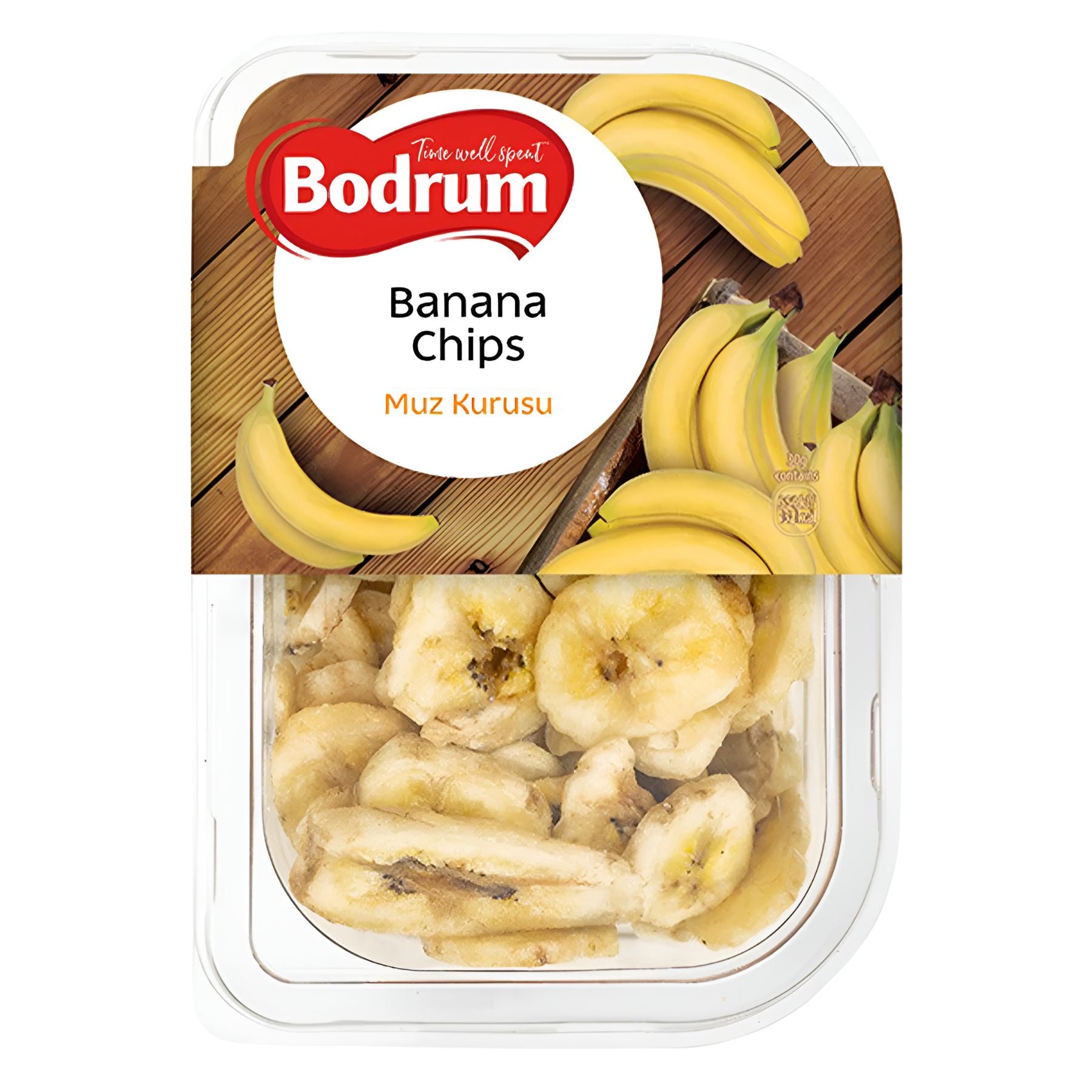 Bodrum - Banana Chips - 200g: A clear plastic container with a label showing bananas and bilingual text, offering a wholesome snack with a tropical twist.