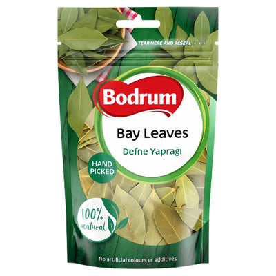 A sealed 20g Bodrum package labeled "Bay Leaves" and "Defne Yaprağı," featuring aromatic, hand-picked leaves for a 100% natural Mediterranean flavor.