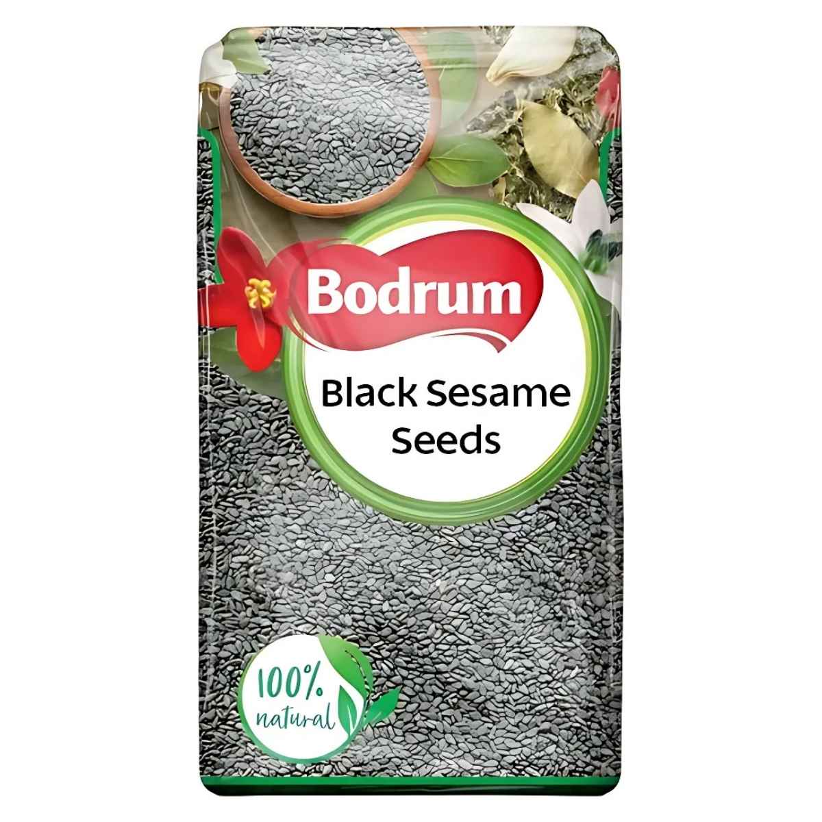 Bodrum Black Sesame Seeds 100g packaging features a 100% natural label with a green circle and red flower. High in protein and healthy fats, these seeds are nutritious and visually attractive.