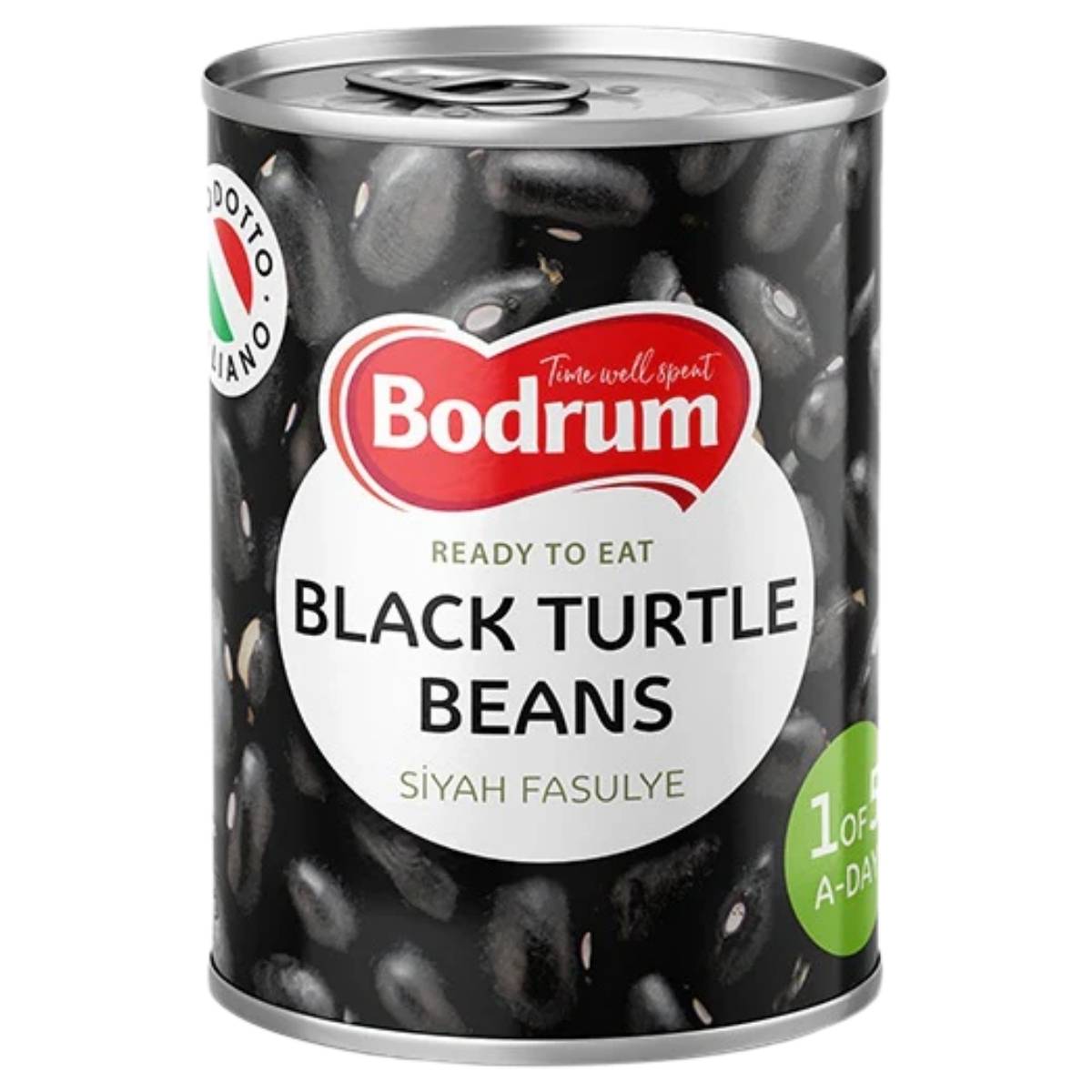 Can of Bodrum black turtle beans on a white background