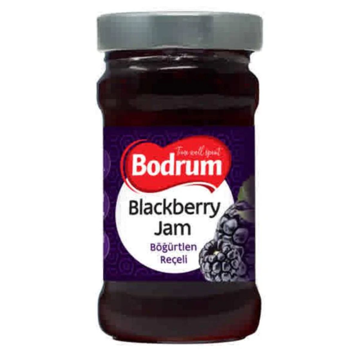 A jar of Bodrum Blackberry Jam with a label.