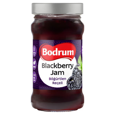 A 380g jar of Bodrum Blackberry Jam with a purple label showing blackberries and bilingual English-Turkish text. Made with natural flavour, no artificial preservatives.