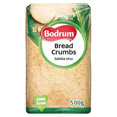 A 500g pack of Bodrum Bread Crumbs features a green "GMO Free" label on the bottom left. Ideal for coating, baking, and frying your favorite dishes.