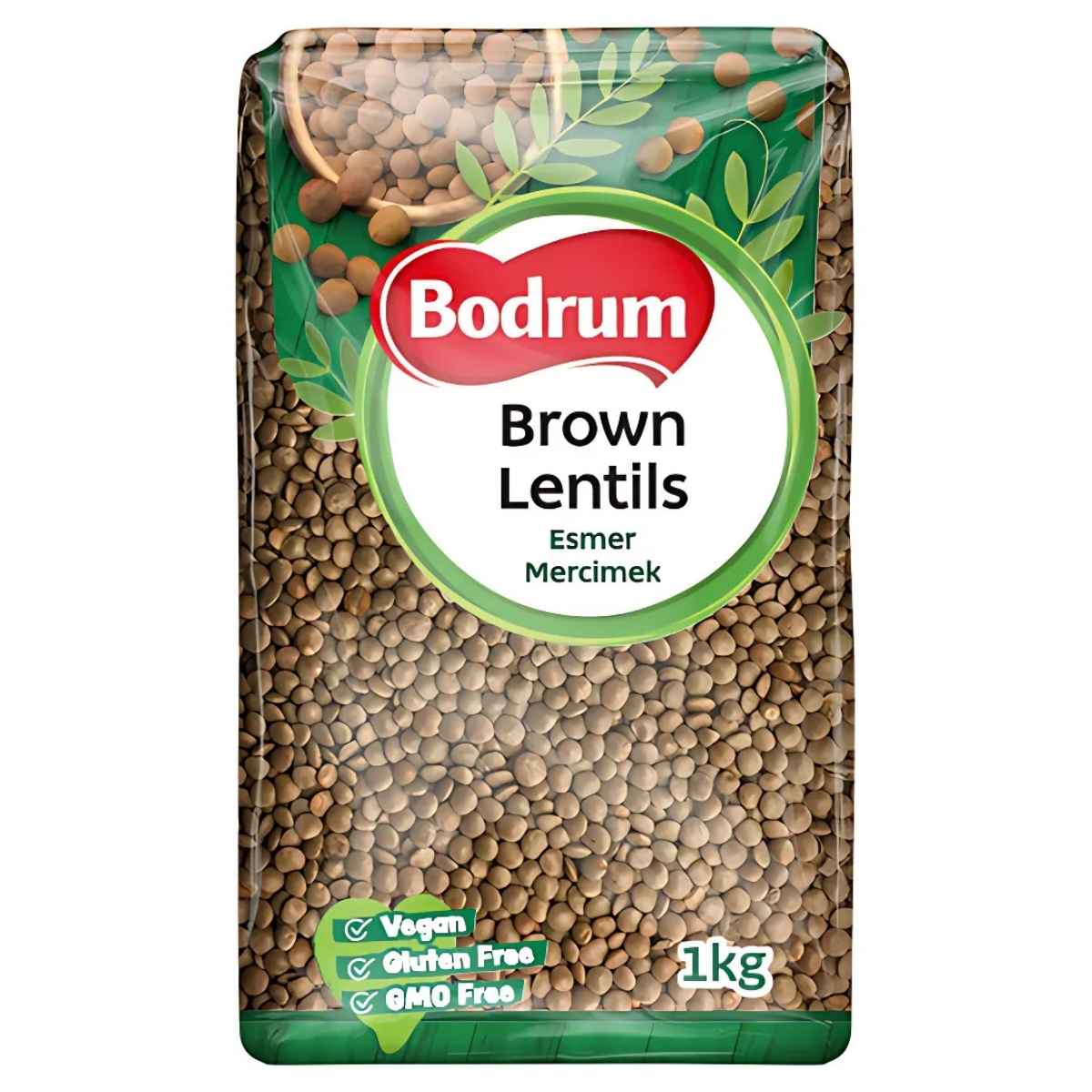 Bodrum - Brown Lentils - 1kg package is praised for its quick cooking time and nutty flavor, and comes labeled as vegan, gluten-free, and non-GMO.