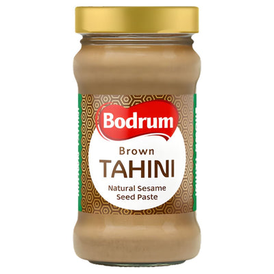 Bodrum Brown Tahini 300g is a natural sesame seed paste in a glass jar with a gold lid and patterned label. Gluten-free and ideal for healthy recipes.