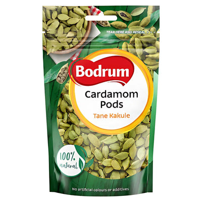 A green and white Bodrum - Cardamom Pods - 30g pack labeled “Cardamom Pods Tane Kakule” features green cardamom spice pods and “100% natural” on the front.