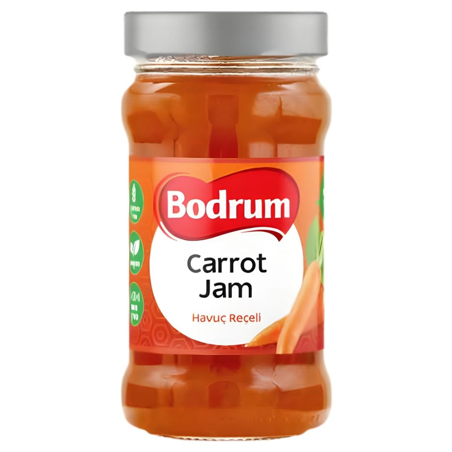 Bodrum - Carrot Jam - 380g: This clear glass jar with a silver lid features a label with product info and a carrot illustration—ideal as a natural breakfast spread from Bodrum.