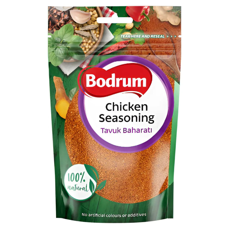 Bodrum Chicken Seasoning 100g (“Tavuk Baharati”) is a 100% natural spice blend with no artificial colours or additives. The packaging showcases vibrant herbs and spices.