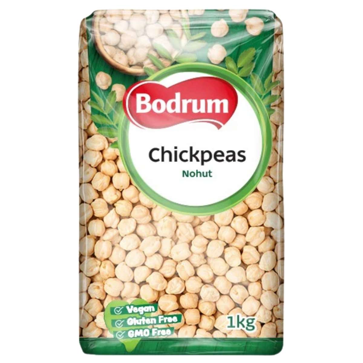 Bag of Bodrum chickpeas with visible branding and product details on a white background