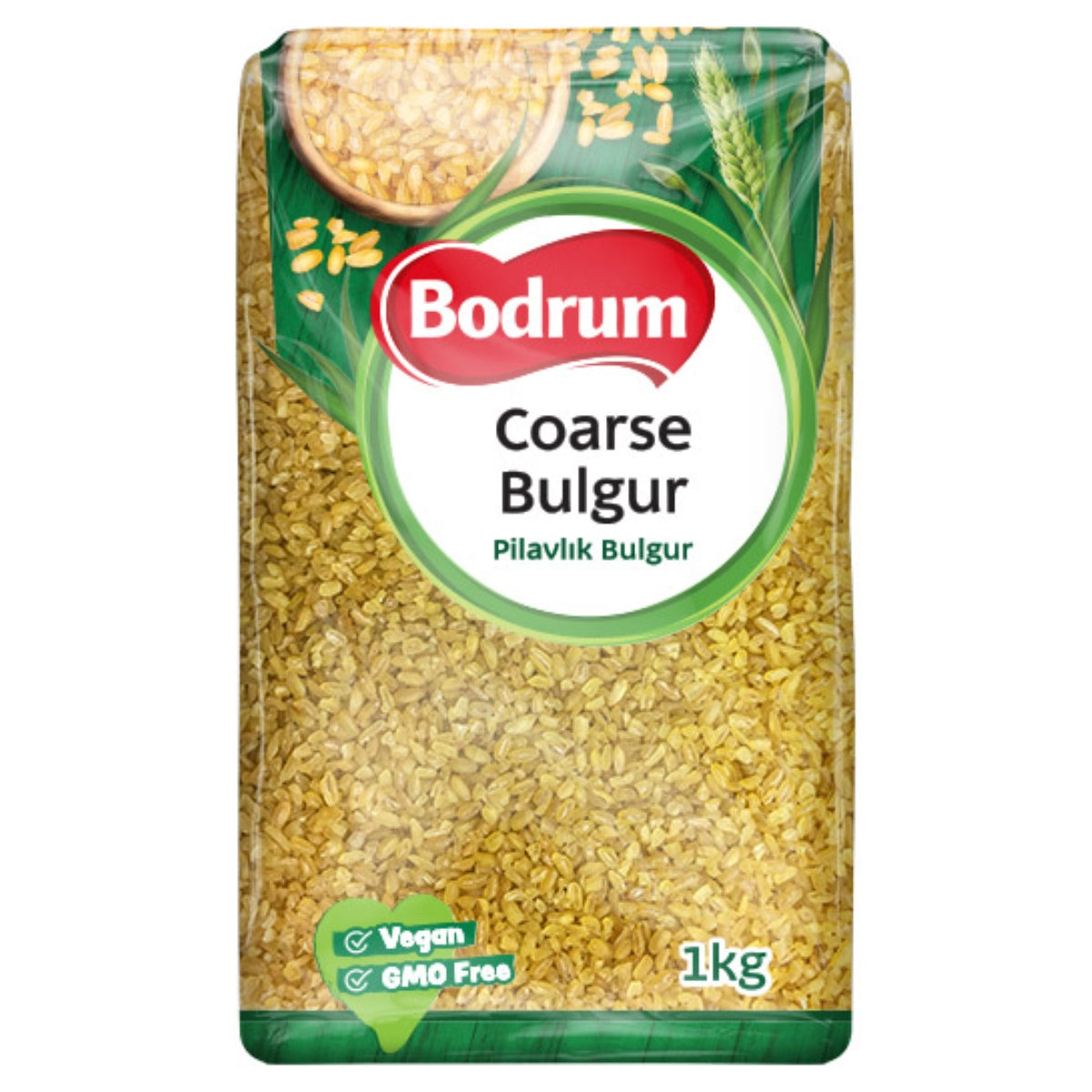 Sentence with Product Name: 1-kilogram package of Bodrum - Coarse Bulgur Wheat (Pilavlık) - 1Kg, labeled as vegan and gmo-free.
