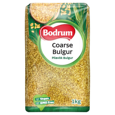 A 1kg pack of Bodrum Coarse Bulgur Wheat (Pilavlık), vegan and GMO free, with a clear window showing the yellow grains.