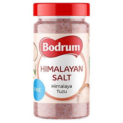 A 450g jar of Bodrum Coarse Himalayan Salt with a red lid, labeled "Himalayan Salt, Himalaya Tuzu.