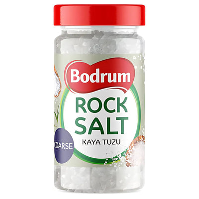 A 450g jar of Bodrum Coarse Rock Salt with a red lid, featuring large natural crystals for unrefined seasoning.