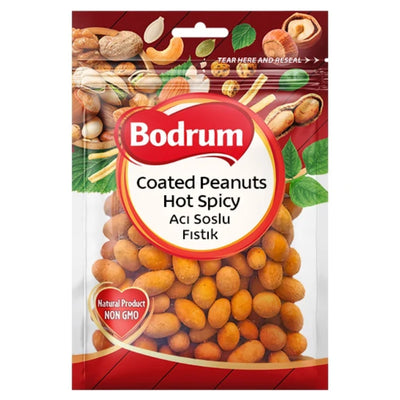 A bag of Bodrum - Hot & Spicy Coated Peanuts - 150g featuring illustrations of various nuts and the text “Natural Product NON GMO.”