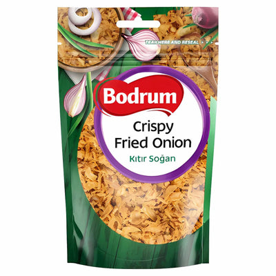 Bodrum - Crispy Fried Onion 75g comes in a resealable bag with onion images and a clear window showing the crispy contents—ideal as a tasty onion garnish.