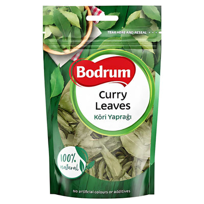 Bodrum - Curry Leaves - 15g come with vibrant green leaves, labeled 100% natural with no artificial colors or additives—ideal for bringing authentic flavor to Indian dishes.
