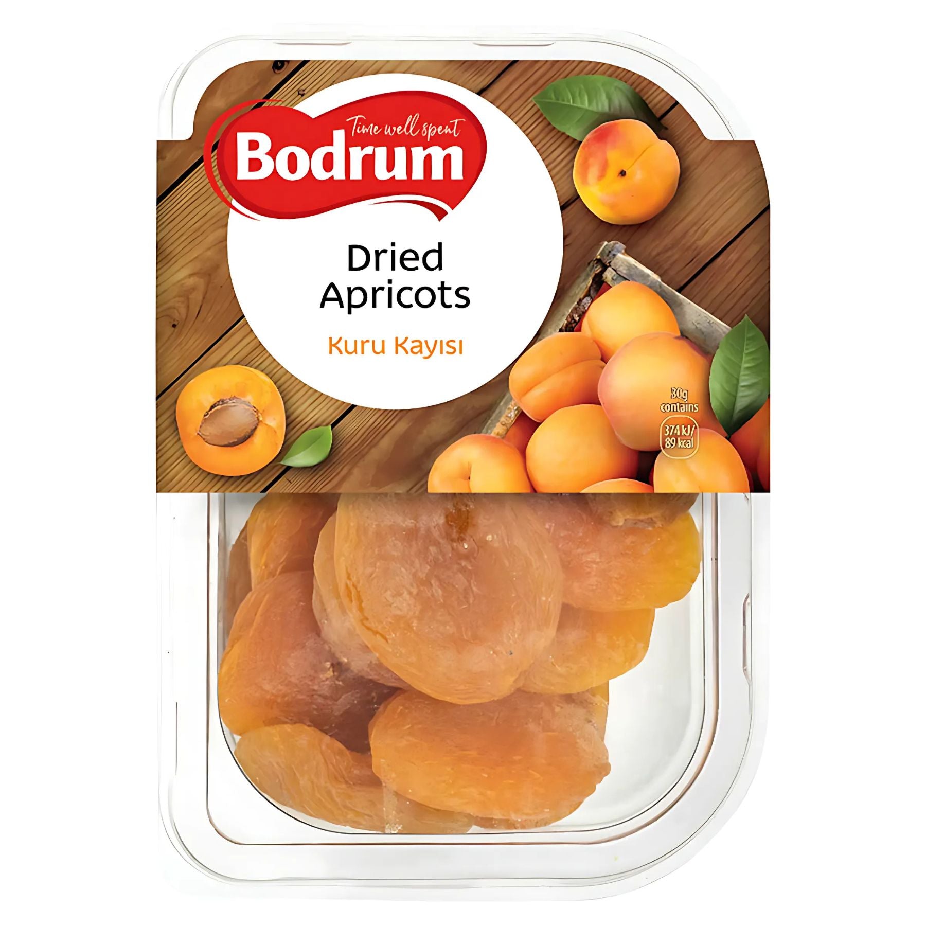The 200g Bodrum Dried Apricots container features a label with fresh apricot images and “Dried Apricots Kuru Kayısı” text, offering a tasty and healthy snack option.