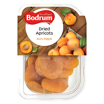 The 200g Bodrum Dried Apricots container features a label with fresh apricot images and “Dried Apricots Kuru Kayısı” text, offering a tasty and healthy snack option.