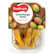 A 150g pack of Bodrum Dried Mango Strips, featuring images of fresh mangoes and product details on the label—a tasty and healthy snack for any time.