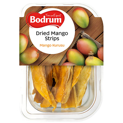 A 150g pack of Bodrum Dried Mango Strips, featuring images of fresh mangoes and product details on the label—a tasty and healthy snack for any time.