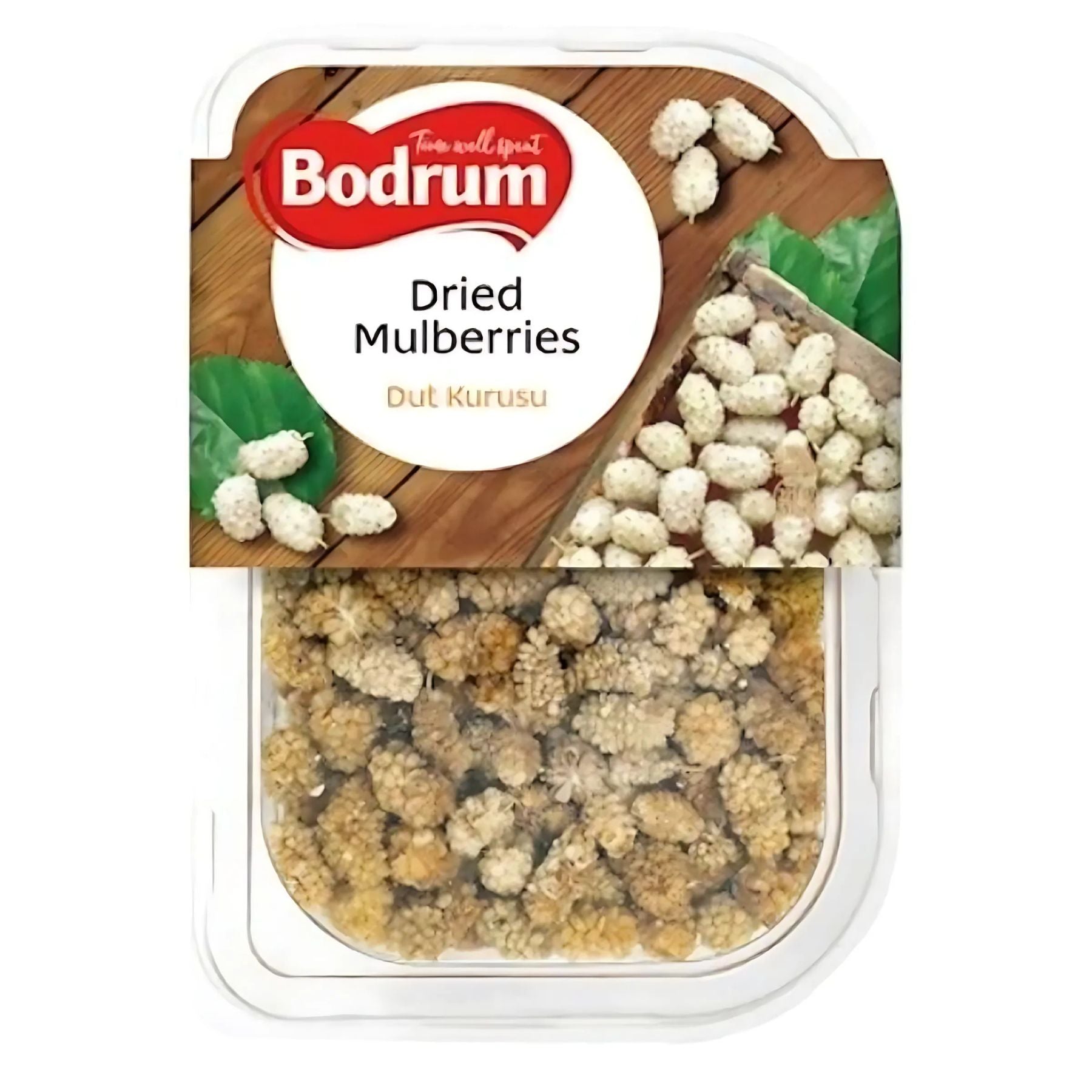 A 150g plastic container of Bodrum Dried Mulberries with a bilingual (English and Turkish) label featuring mulberry images is ideal for anyone seeking a healthy snack.