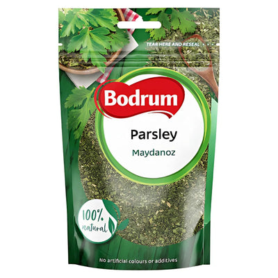Bodrum Dried Parsley 30g, labeled "Maydanoz" and "100% natural," is perfect for seasoning your favorite dishes.