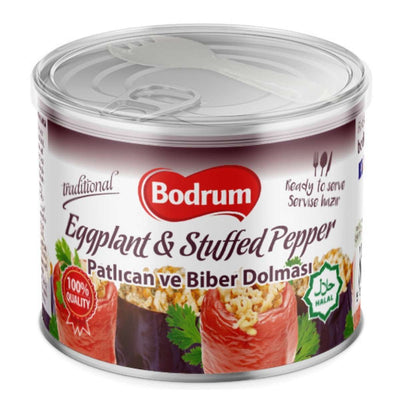 Bodrum - Eggplant & Stuffed Pepper 400g is a ready-to-serve, halal dish featuring quality ingredients, with enticing images of stuffed eggplant, pepper, and rice on the Bodrum packaging.
