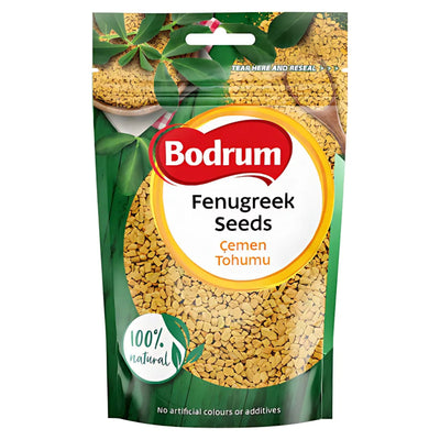 Bodrum Fenugreek Seeds (Methi) 100g come in a resealable pouch, ideal for spice blends, and are labeled 100% natural with no artificial colors or additives.