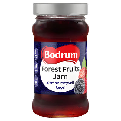 Bodrum - Forest Fruits Jam 380g comes in a glass jar with a silver lid and a label featuring strawberries and blackberries—ideal for natural fruit jam lovers.