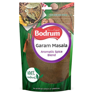 Bodrum - Garam Masala - 100g is a 100% natural Indian spice blend with no artificial colors or additives, packaged with vibrant spices in the background to highlight its authentic flavor.