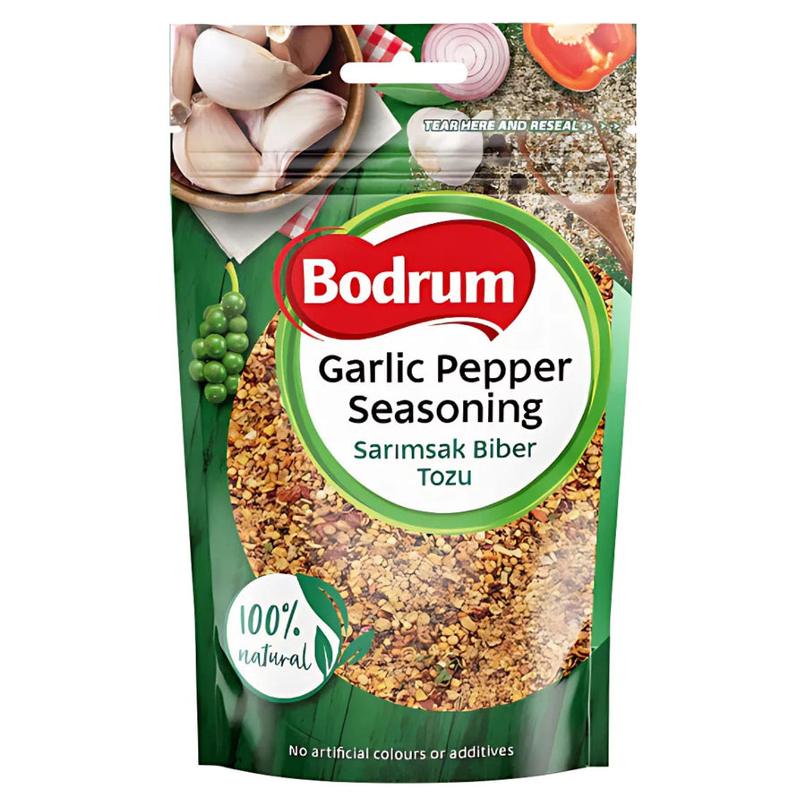 A 100g pack of Bodrum Garlic Pepper Seasoning, labeled "100% natural" and "no artificial colours or additives," features garlic, pepper, and herbs on the packaging—perfect for enhancing your culinary creations.