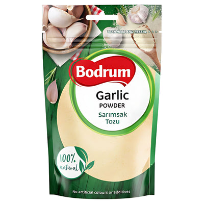 A 100g pack of Bodrum Garlic Powder, labeled as 100% natural and featuring images of garlic cloves and green leaves, showcases the premium quality garlic used in this product.