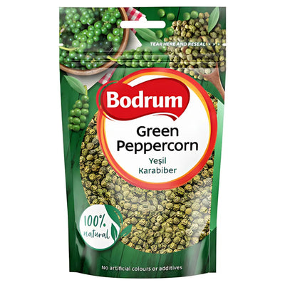A 75g pack of Bodrum Green Peppercorns displays green peppercorn and pea images, labeled "100% natural" and "No artificial colours or additives," making it a perfect gourmet seasoning for your kitchen.