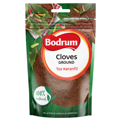 Bodrum - Ground Cloves - 100g comes in a resealable pack, labeled "100% natural" with no artificial colours or additives. Ideal for spice blends or versatile use in baking.
