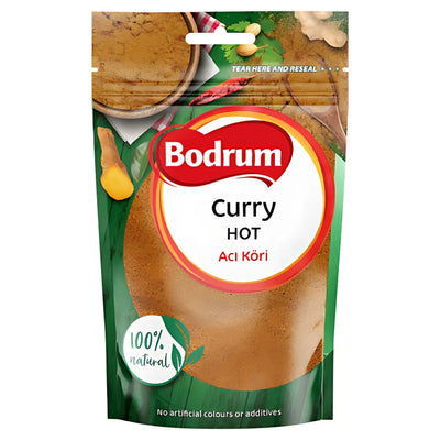 A 100g Bodrum Hot Curry Powder packet labeled "Curry Hot Acı Köri," featuring bold spices and marked "100% natural" with "No artificial colours or additives" on the front.