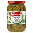 A 680g jar of Bodrum Jalapeno Slices with hot spicy pickles inside, a red lid, and a label showing peppers and white flowers.