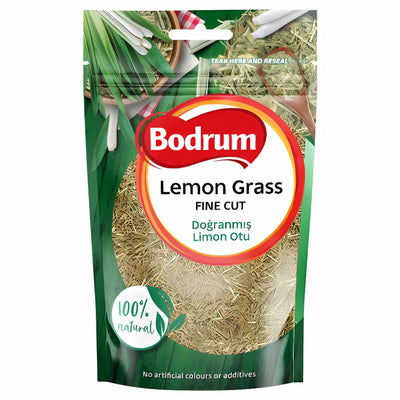 A clear package labeled "Bodrum - Lemon Grass - 50g" contains dried, fine cut lemongrass—ideal for Asian cuisine. From Bodrum, it’s 100% natural with no artificial colors or additives.
