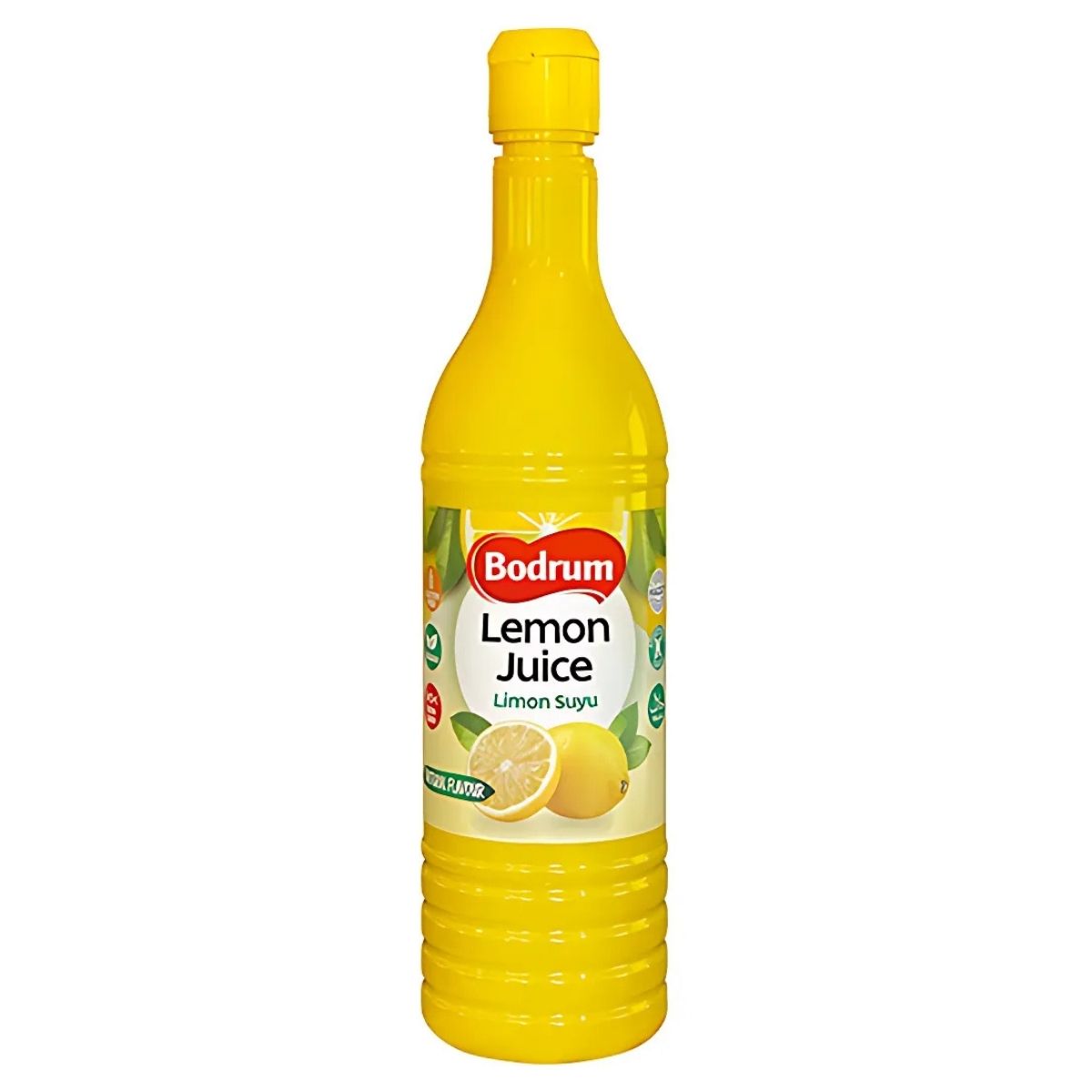 A 350ml yellow plastic bottle of Bodrum Lemon Juice with a yellow cap features a label with lemons and text in English and Turkish, offering a tangy flavor ideal for cooking or as a natural cleaning agent.