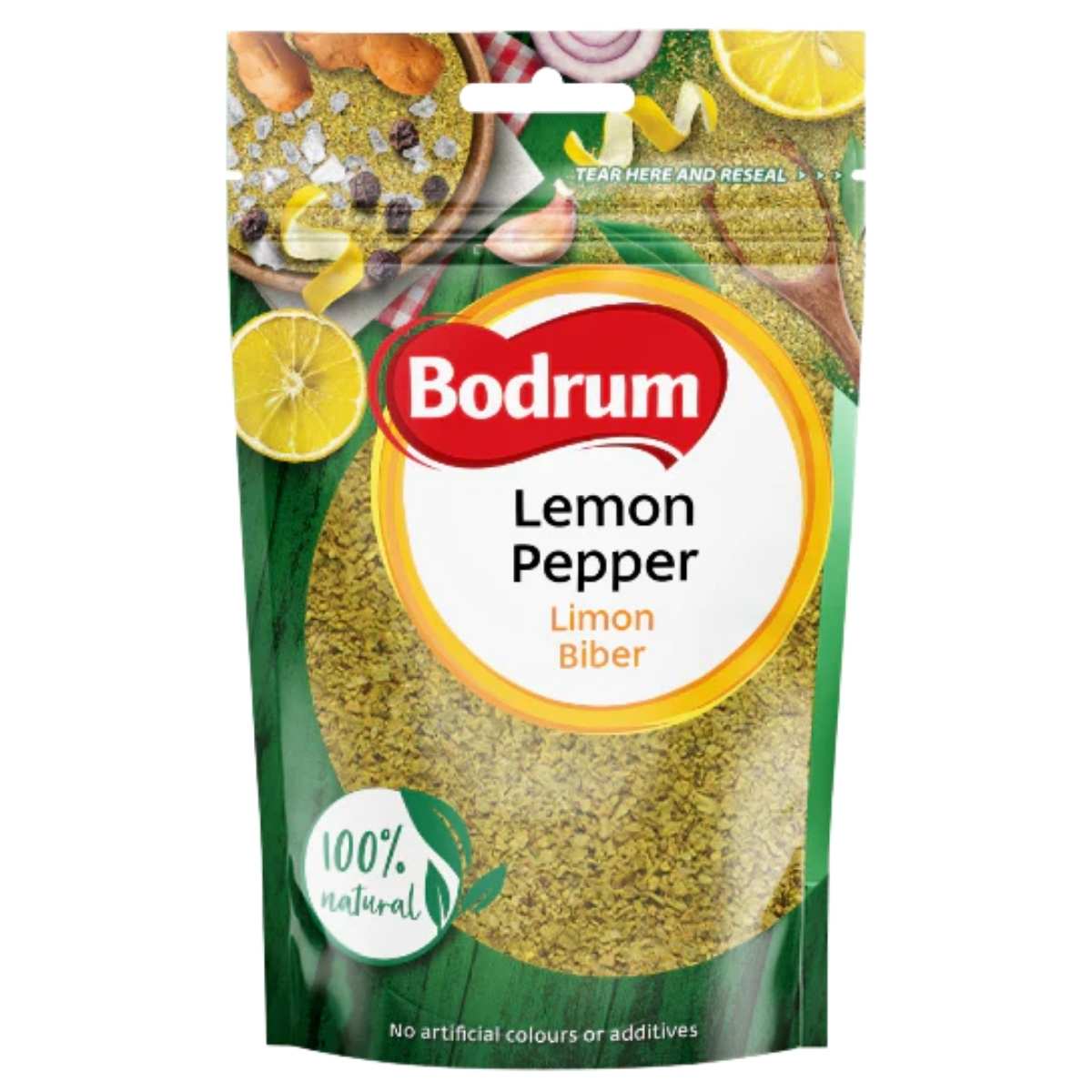 Bodrum Lemon Pepper packaging with lemon slices and ingredients in the background