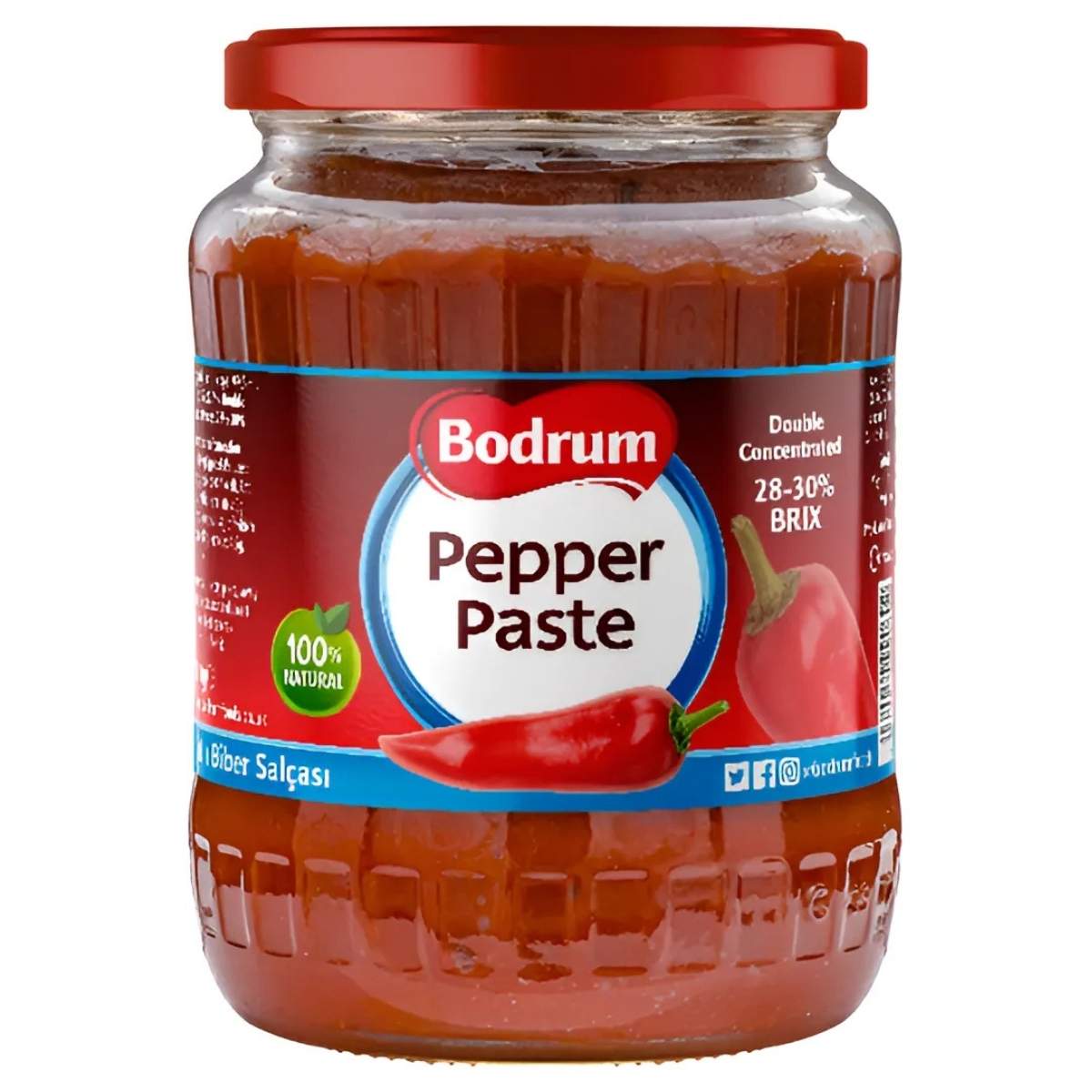 Bodrum Mild Pepper Paste (700g) with red lid and label, made from high-quality peppers, features "Double Concentrated 28-30% BRIX 100% Natural." Ideal for marinades.