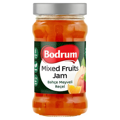 A 380g glass jar of Bodrum Mixed Fruits Jam with a silver lid and a label in English and Turkish, featuring fruit images. Made with natural ingredients.