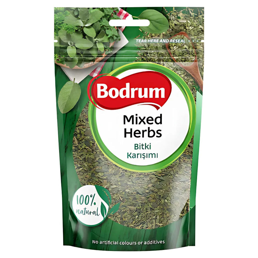 A green resealable 40g packet labeled "Bodrum - Mixed Herbs" features images of herbs and text stating "100% natural" and "no artificial colours or additives," making it perfect for cooking.