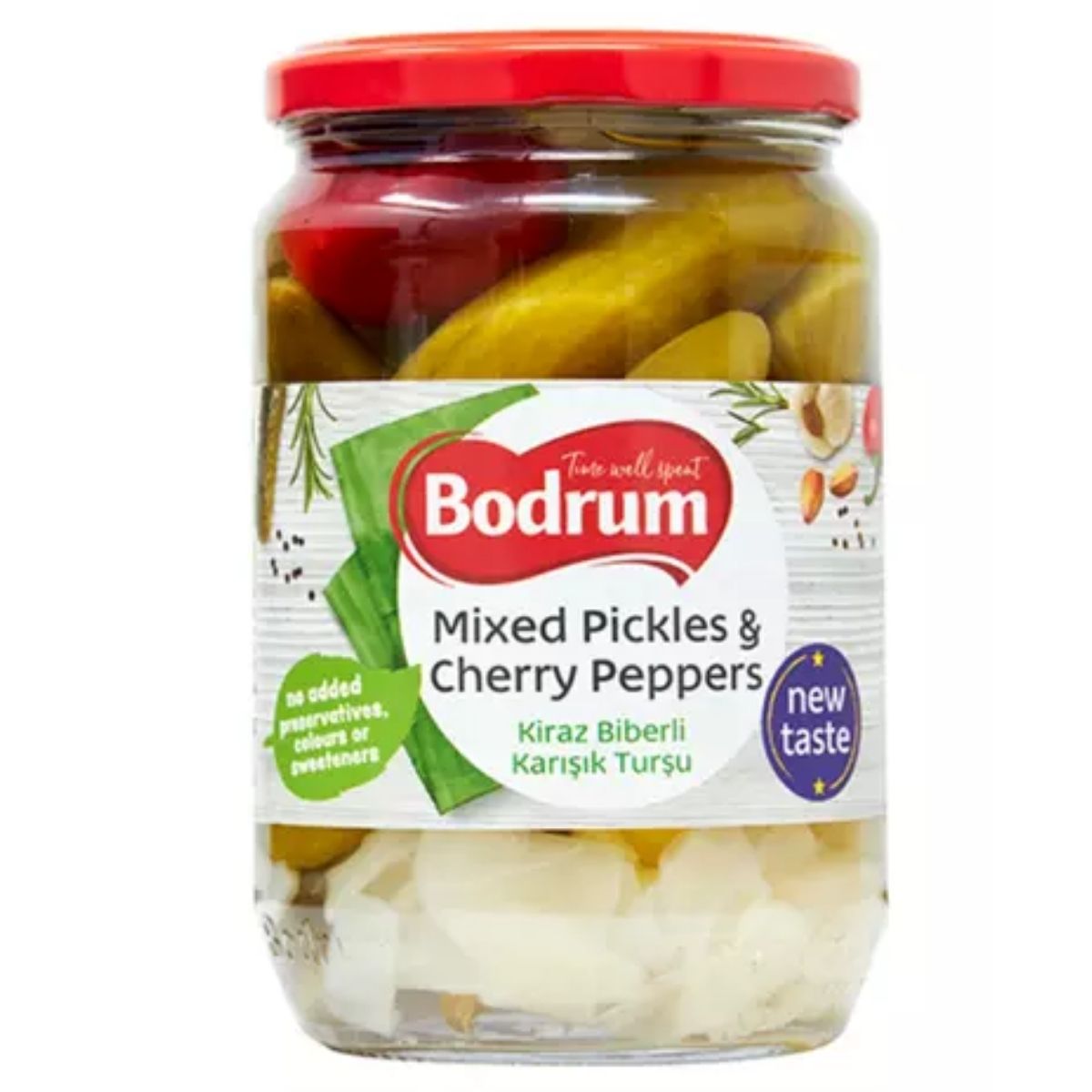 Experience the vibrant flavors in a jar of Bodrum Mixed Pickles & Cherry Peppers - 680g, featuring a striking red lid and a colorful label. Delight in the perfect blend of sliced pickles and zesty cherry peppers with every bite.