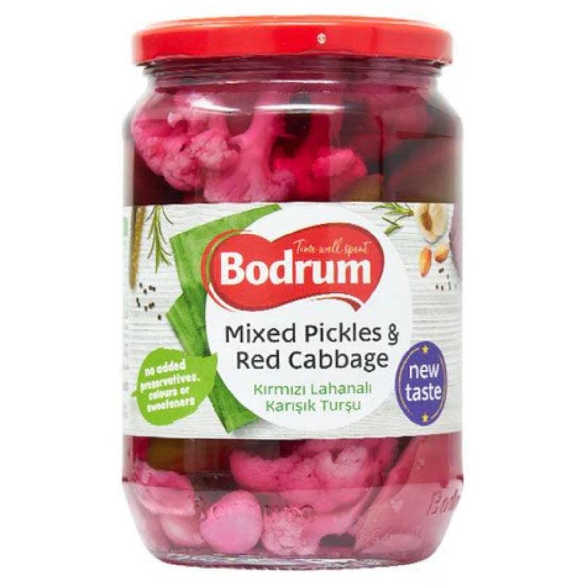 Jar of Bodrum Mixed Pickles & Red Cabbage, 680g, labeled "new taste," with no added preservatives, colors, or sweeteners.