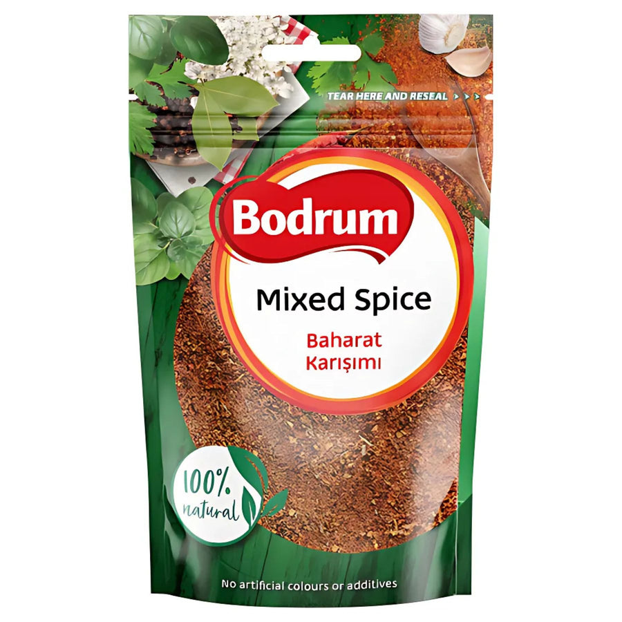 A 100g pack of Bodrum Mixed Spice labeled "Baharat Karışımı," featuring a clear window showing the aromatic blend and marked "100% natural" with no artificial colors or additives.
