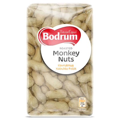 A 200g clear pack of Bodrum Monkey Nuts Roasted, whole unshelled peanuts, ideal for a crunchy snack.