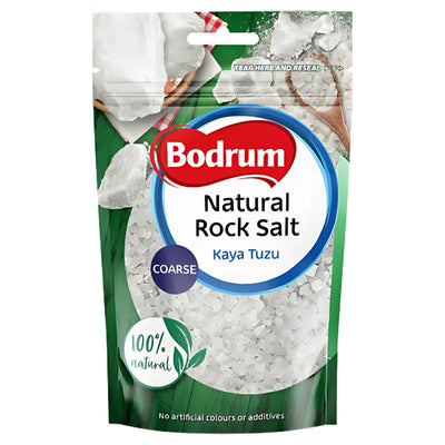 A 200g bag of Bodrum Natural Coarse Rock Salt features white salt chunks on the pack and is labeled 100% natural—an ideal, mineral-rich seasoning with no artificial colors or additives.