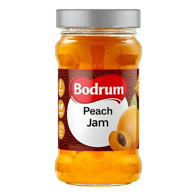 Enjoy Bodrum Peach Jam (380g), a premium jam in a glass jar with a silver lid, featuring peach imagery and nutritional details—ideal for those seeking quality from the Bodrum brand.
