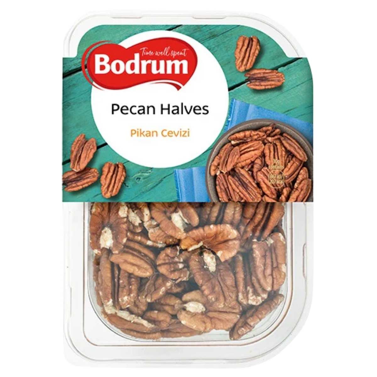 Packaged pecan halves with Bodrum branding on a white background